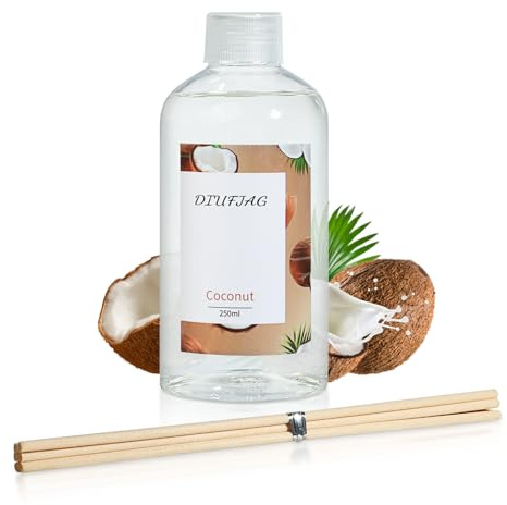 DIUFJAG 250ml - Kokosnuss Diffusor mit 6 Duftstäbchen,Raumduft Coconut Reed Diffuser Refill Home Duft Lufterfrischer für Badezimmer,Schlafzimmer Büro