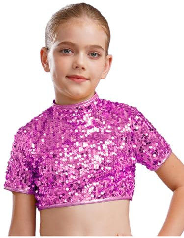 YiZYiF Maglietta con Paillettes Bambina Hip Hop Danza Camicie Manica Corta Crop Top Shiny T-Shirt Tops Dancewear Rosa Caldo 9-10 Anni