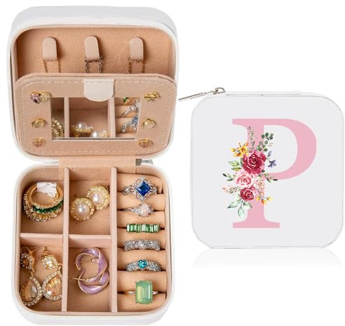 Piccolo portagioielli con lettere iniziali P e fiore iniziale portagioie da viaggio scatola regalo per donne ragazze regali per Natale compleanni matrimonio damigella d'onore bianco