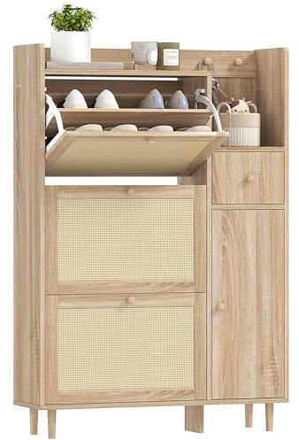 HOMCOM Zapatero Armario para zapatos con 3 cajones extraíbles con frontales de ratán para 12 pares de zapatos Estantes ajustables Zapatero estrecho para pasillo entrada 80x23x120 cm Roble