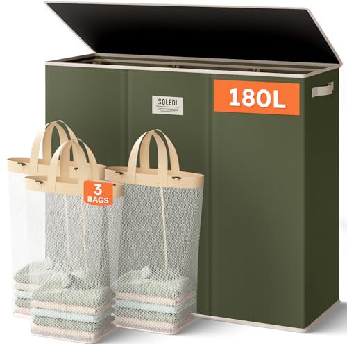 SOLEDI Laundry Basket 3 Compartments 180L Washing Basket with Lid, Clothes Hamper with Removable Laundry Bag, Collapsible Laundry Baskets, Sturdy and Stylish Laundry Bin for Home, Avocado Green