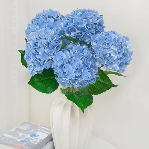 6 fiori artificiali di ortensia blu reale al tatto con steli, fiori finti in seta per esterni, fiori artificiali per la decorazione della casa, bouquet di nozze, centrotavola, vaso