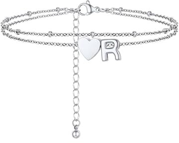 PROSTEEL Bracelet de Cheville Femme Acier Inoxydable de 22+5cm, Double Chaîne avec Charm Coeur et Lettre R, Bijou Initiale Estival
