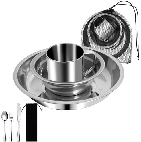 Camping Plates and Bowls Set for 4, Lelezia Stainless Steel Portable Crockery Sets, Mess Kit Includes Plate, Cup, Bowl and Cutlery Set, Camping Essentials for Travel & Outdoor