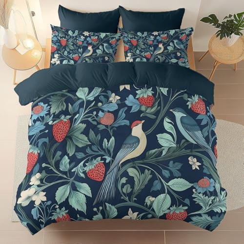 Dark Blue Reversible Durable Duvet Cover - William Morris Bird Vine Printed Easy Care Bedding 3 Piece Set, King Size Soft Lightweight Quilt Cover Set with Zipper