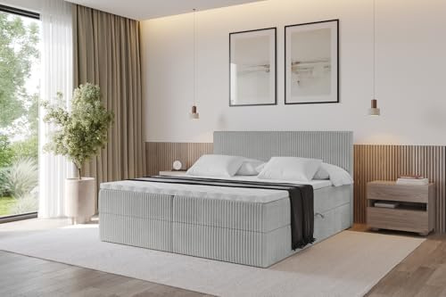 ALTDECOR Boxspringbett mit Matratze und Lattenrost, Topper, Polsterbett mit Bettkasten, Bett mit Stauraum H3-Matratze, Doppelbett, Boxbett -TOLO 180x200 Cord - Hellgrau