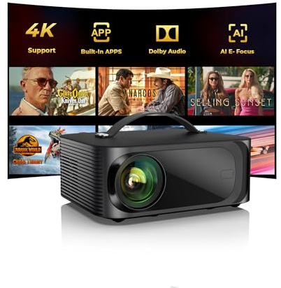 Projector-4K with WiFi and Bluetooth: [Pro-Level Brightness/50W DoIby/Built-in APPs] Outdoor-Projector Smart OS 2.0&AI Auto Focus, ONOAYO Portable Proyector Compatible with Netflix/YouTube/PrimeVideo