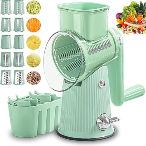 Preservea 5 in 1 Rotary Grater, 5 in 1 Rotary Cheese Grater Vegetable Slicer, Ultimate Kitchen Ally 5In1 Food Chopper, Cheese Slicers, Easy to Clean Kitchen Gadgets (Green)