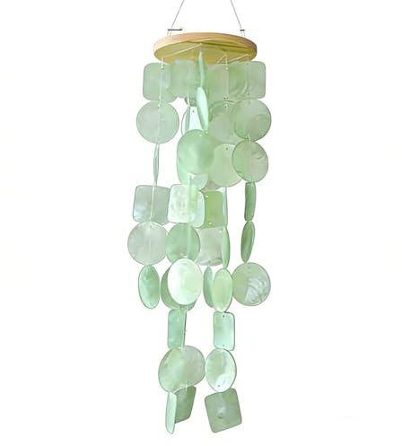 Muschel Windspiel aus echten Capiz Muscheln, Boho Deko Hängend für Balkon Garten Terrasse, 45 cm Windspiel mit Holz, Entspannender Klang, Sommer Strand Deko, Blau Grün Weiß