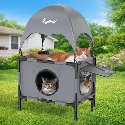 Rywell Katzenhaus Outdoor, 2 Ebenen, 12 cm Bodenerhöhung, 61x46x96 cm | Atmungsaktiv, wasserabweisend, regendicht, beschattet, für alle Jahreszeiten geeignet