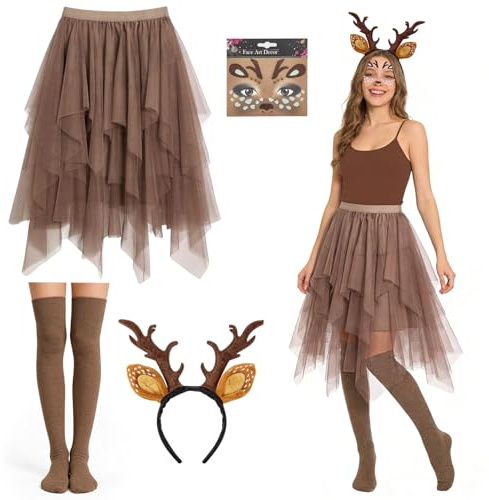 beifon Reh Kostüm Damen, Faschingskostüme Rentier Karneval Kostüm Bambi, Rehkostüm Rock mit Geweih Haarreifen, Tierkostüm Karnevalskostüme Erwachsene für Karneval Cosplay