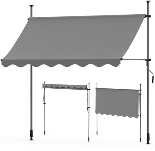 Huracan Klemmmarkise Markise Balkon 300x 120cm, Balkonmarkise Handkurbel höhenverstellbar ohne Bohren, UV-beständig Sonnenschutz wasserdicht Sonnenmarkise ohne Bohren für Terrasse Veranda, Grau