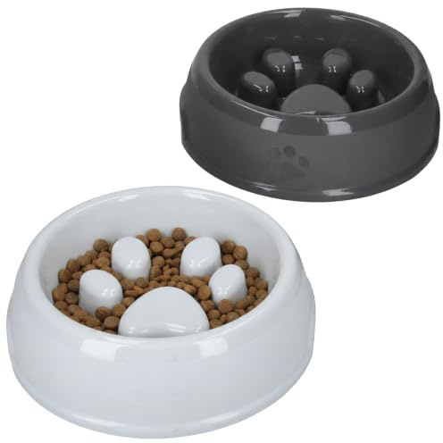 MamboCat 2er Set Anti-Schlingnapf Anton Ø23cm Hell- & Dunkelgrau für Hunde | Kunststoff, für langsames Fressen, graue Hundenäpfe, Pfotenstruktur, Griffmulden, mit Pfoten-Design, Futternapf, Slow Feeder