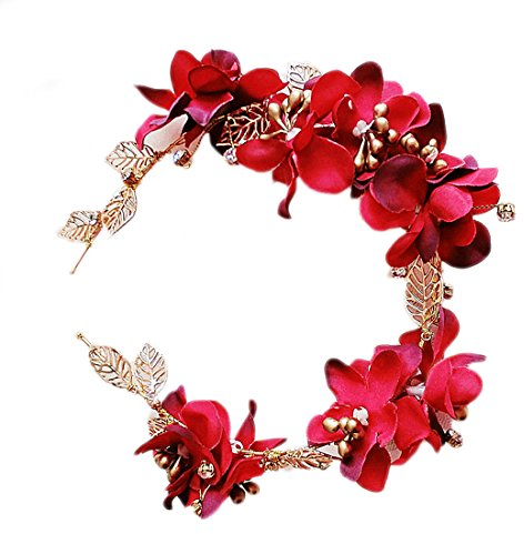 Miya® 1Stück MEGA luxuriöse, handgemachte Stirnband, Haarreif, Glamour Haarband, schöne Blumen aus Perle Kristallen Ganze, Vintage Design, Braut Schmuck Hochzeit, Cocktail Party, Jugendweihe Haarschmuck, Farbe rot und gold