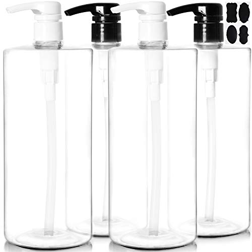 Youngever Lot de 4 Bouteille Pompe Shampoing 1L, Bouteille Pompe Vide Plastique 1000ML, Distributeur Flacon Pompe