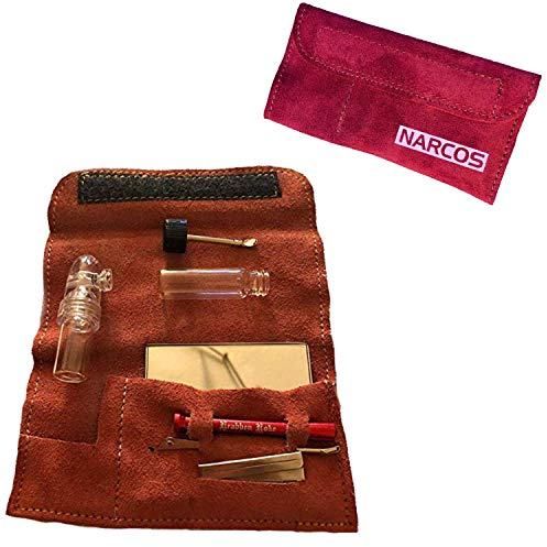 7 teiliges Schnupf Set für Schnupftabak Narcos Etui mit Spiegel, 2X Dosierer, Stäbchen, Zieh-Röhrchen für Schnupftabak (Rot)