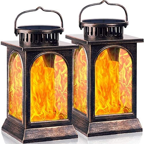 SOLARBABY Solar Laternenleuchten für den Außenbereich Garten, Metall flackernde Flamme Hängelaterne für den Außenbereich wasserdicht solarbetrieben Halloween Lichter für den Außenbereich (2 Stück)