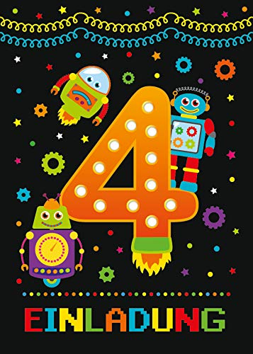 12 Einladungskarten zum 4. Kindergeburtstag vierte Geburtstag Jungen Jungs Robot Roboter