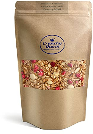 Crunchy Queen Rosaroter Erdbeer & weißer Schoki Traum Granola Knuspermüsli | Handgemacht | Crunchy Topping für Smoothiebowl & Müsli | Müsli ohne Zucker | 100% natürlich | 1kg