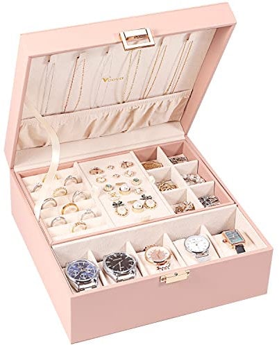 Voova Jewellery Box Organiser for Men Women Girls, Large Watch Storage Case, 2 Layer PU Leather Jewelry Display Holder with Removable Tray for Watches Sunglasses Rings Earrings Necklace, Gifts, Pink