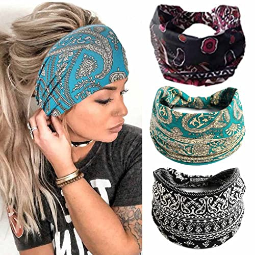 Zoestar Boho breite Stirnbänder, schwarz, Yoga-Kopftücher, Vintage, bedruckt, Haarbänder, geknotete Turban-Stirnbänder, stilvoll, elastisch, dick, Bandeau-Haarschmuck für Damen und Mädchen (3 Stück)