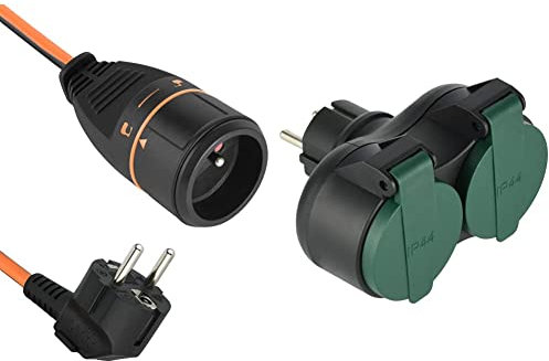 Electraline 57036A Rallonge Prolongateur 20M 3G1.5mm, Noir/Orange & 531193 531195 Adaptateur Biplite d'extérieur résistant à l'eau IP44, fiche, multiprise 2 Prises Français avec Capuchon Noir