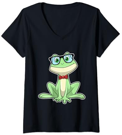 Damen Frosch Nerd Brille T-Shirt mit V-Ausschnitt