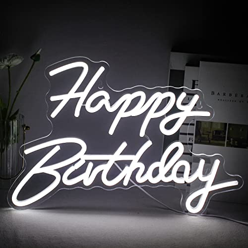 SIGNSHIP Happy Birthday Neon Sign White LED Neon Light for Wall Decoration USB Power Letter Light Signs for Home Bedroom Bar Club Birthday Party Decoration Birthday Gift