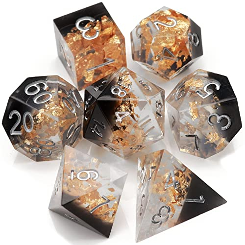 Haxtec DND Würfel Set Sharp Edge Harz Würfel Gold Flocken mit Würfel Fall Schwarz Weiß D&D Würfel für RPG Rollenspiel Spiele Dungeons und Drachen Geschenk Krieg Serie