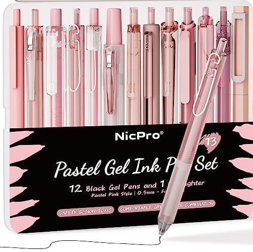 Nicpro 13 PCS Pastel Gel Ink Pen Set with 12 Pack Black Ink Pens Retractable 0.5mm Fine Point Pen, 1Pack Highlighter, Cute Stationary for Student Note Taking,Writing,Office Supplies (Pink)