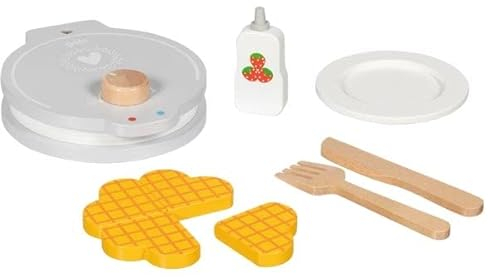 goki 51532 Gofrera de madera con accesorios – Juego de 9 piezas para cocina infantil y tienda de compra con gofres, jarabe y vajilla para cocina de muñecas