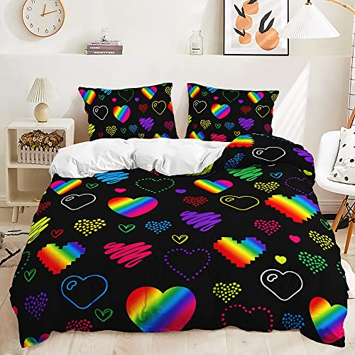 Chanyuan Bettwäsche Liebe Muster Bunt 135x200cm Mädchenbettwäsche Kinderbettwäsche Weich Mikrofaser 2 Teilig Schwarz Bettbezug Boho Stil mit Reißverschluss