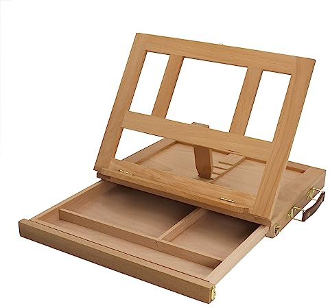 Paintersisters® Chevalet de table Lisa - Chevalet assis avec tiroir, Chevalet valise en bois massif, valise d'atelier pour artistes, cadres et blocs à dessin/à peinture, valise de peinture, pliable