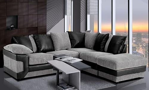New Amara Corner Sofa Jumbo Cord Suite Set Footstool 3 2 Seater Grey Black Brown (RIGHT HAND CORNER, GREY/BLACK)