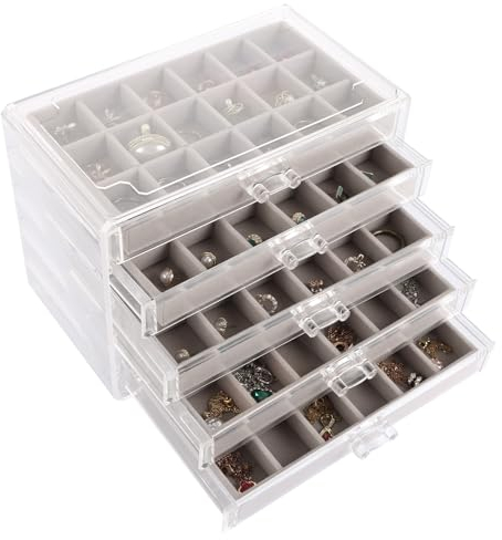 Schmuckkästchen Acryl Grau Schmuckaufbewahrung Schubladen Acryl Schmuckschatulle mit 5 Schubladen Schmuck Organizer Ohrringe Organizer Jewellery Organizer für Ringe, Halsketten, Armbänder, Vitrine