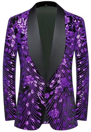 CARFFIV Men's Paillettes Velluto Stage Party Prom Wedding Dinner Symmetry Suit Jacket Blazer,Purple,XL