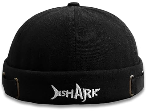 Malaxlx Herren Hai Schwarz Docker Cap Seemannsmütze Docker Mütze Hafenmütze Seemannskappe Brimless Cap Herrenmütze Verstellbar