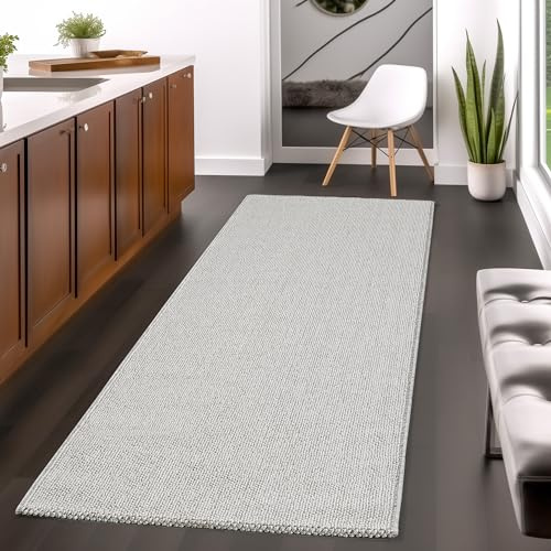 Teppium Moderner Kurzflor Teppich Läufer Flur 80 x 250 cm Silber - Dekorativer Cut-Loop Schlingenteppich, Langlebig, Robust, Schlingenflor - Ideal als Bettvorleger im Schlafzimmer und Küchenläufer