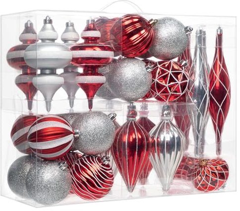 Hollyone 32 Pcs Christmas Bauble Set for Tree Decorations, Red & Green Xmas Balls, 8cm / 16cm / 23cm Assorted Sizes Christmas Balls, Shatterproof Hanging Ornaments for Party, Holiday, New Year Decor