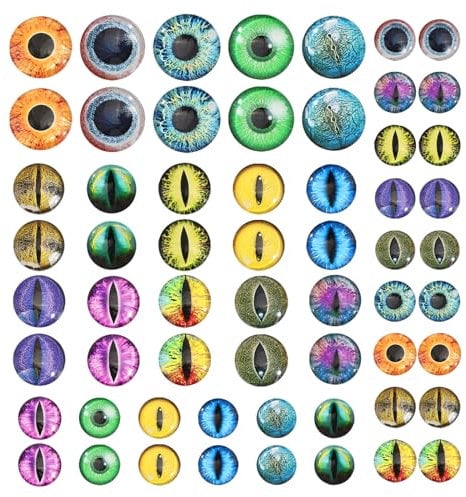 CHGCRAFT 60Pcs 30Styles Dragon Eyes Glass Cabochon Luminous Cat Eyes Glass Cabochons Glow in The Dark Animal Eyes Flatbacks for Art Props DIY Craft Making, 16/20/25mm