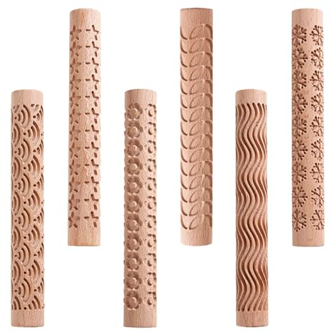 CDIYTOOL Mattarello in legno, con struttura in legno, mattarello in rilievo, mattarello per fondente, rullo in argilla polimerica, strumenti per ceramica (6 pezzi)