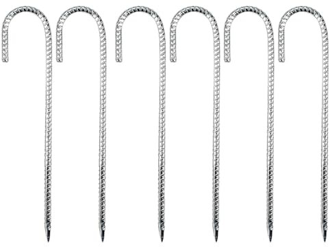 KITERI 6 Pcs Heavy Duty Tent Pegs, 12 Inch Trampoline Stakes Metal Ground Rebar Stakes Galvanised Metal Pegs J Hooks Anchors Steel Ground Pegs for Camping Tents Canopies Sheds Ports Swing
