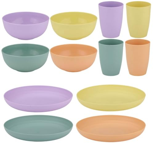 alpina Vajilla de camping para 4 personas, vajilla de plástico, vasos, platos y cuencos, 12 unidades, apto para lavavajillas
