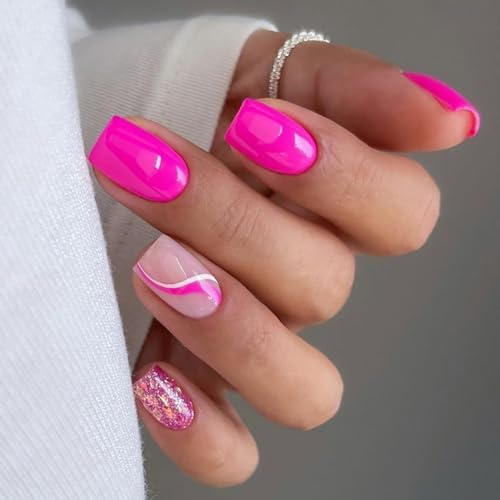 Caiguoer Lot de 24 faux ongles carrés courts rose rouge à presser pour femmes et filles