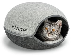 lionto Katzenhöhle aus robustem Filz, gemütliche Kuschelhöhle mit Reißverschluss für Katzen, 46x38x24 cm, Komfortables und modernes Katzenbett mit weichem und waschbarem Kissen, grau (Namensaufdruck)