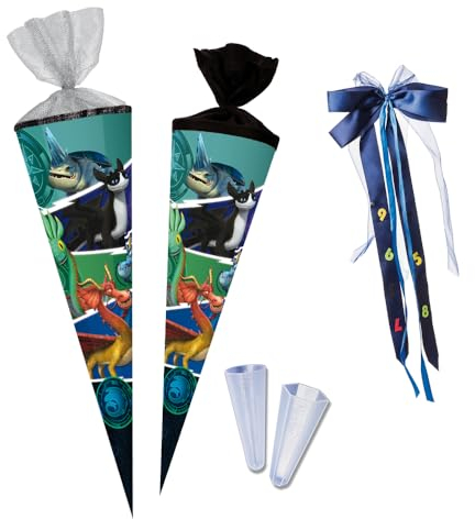 Nestler Schultüten-Set zum Befüllen, Handgemachte Zuckertüte aus Karton - Lizenzmotiv Dragons - The Nine Realms, Schultüte, Spitzenschutz, Schleife (85 cm 6-eckig)
