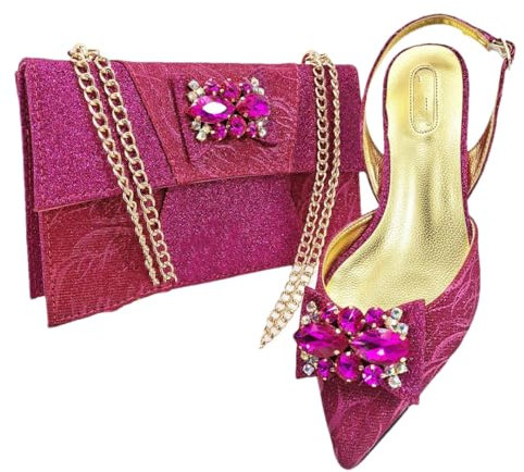 Nigeriano Elegante Fucsia Cristallo Scarpe Tacco Basso Scarpe Borsa Donna Scarpe