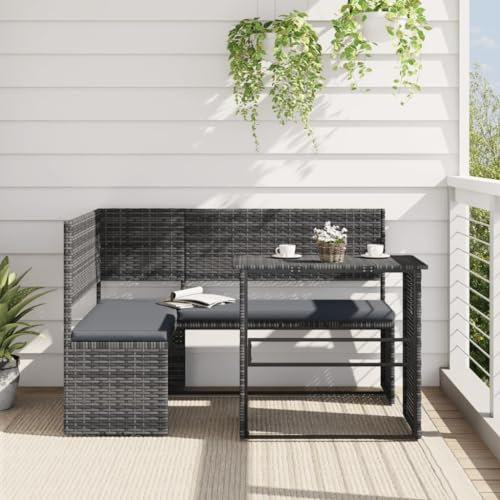 Homgoday Gartensofa in L-Form mit Tisch und Kissen Gartenmöbel Balkonmobel Gartensofa Lounge Sitzgruppe Terrassensofa Terrassenmöbel Ecksofa Ecklounge Loungemöbel Grau Poly Rattan
