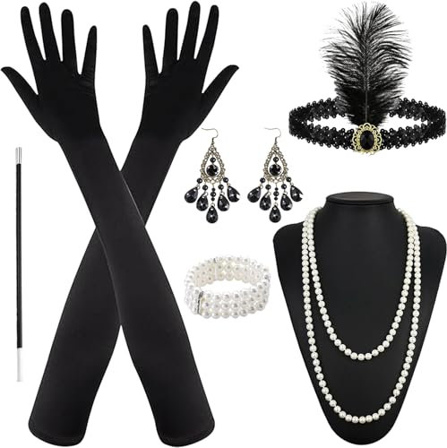 6 Stück 20er Jahre Kostüm Damen, 20er Jahre Accessoires, 1920 Zubehör Set, 1920er Accessoires-Set Fashion 20's Theme Set mit Stirnband Handschuhen Perlenkette Ohrringen Armband für Halloween Cosplay