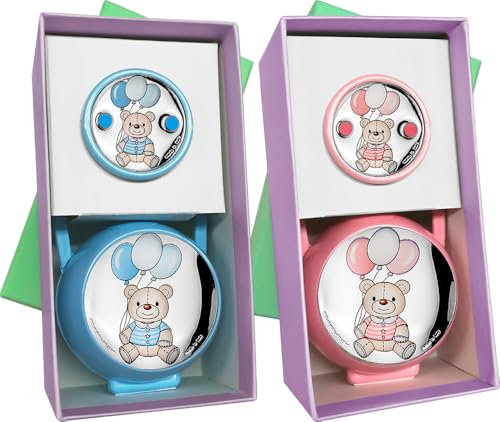 Conjunto de Pinza y Portachupetes con Aplique de Plata de Ley 925‰, Diseño de Osito con Globos, Azul/Rosa. (E3218)